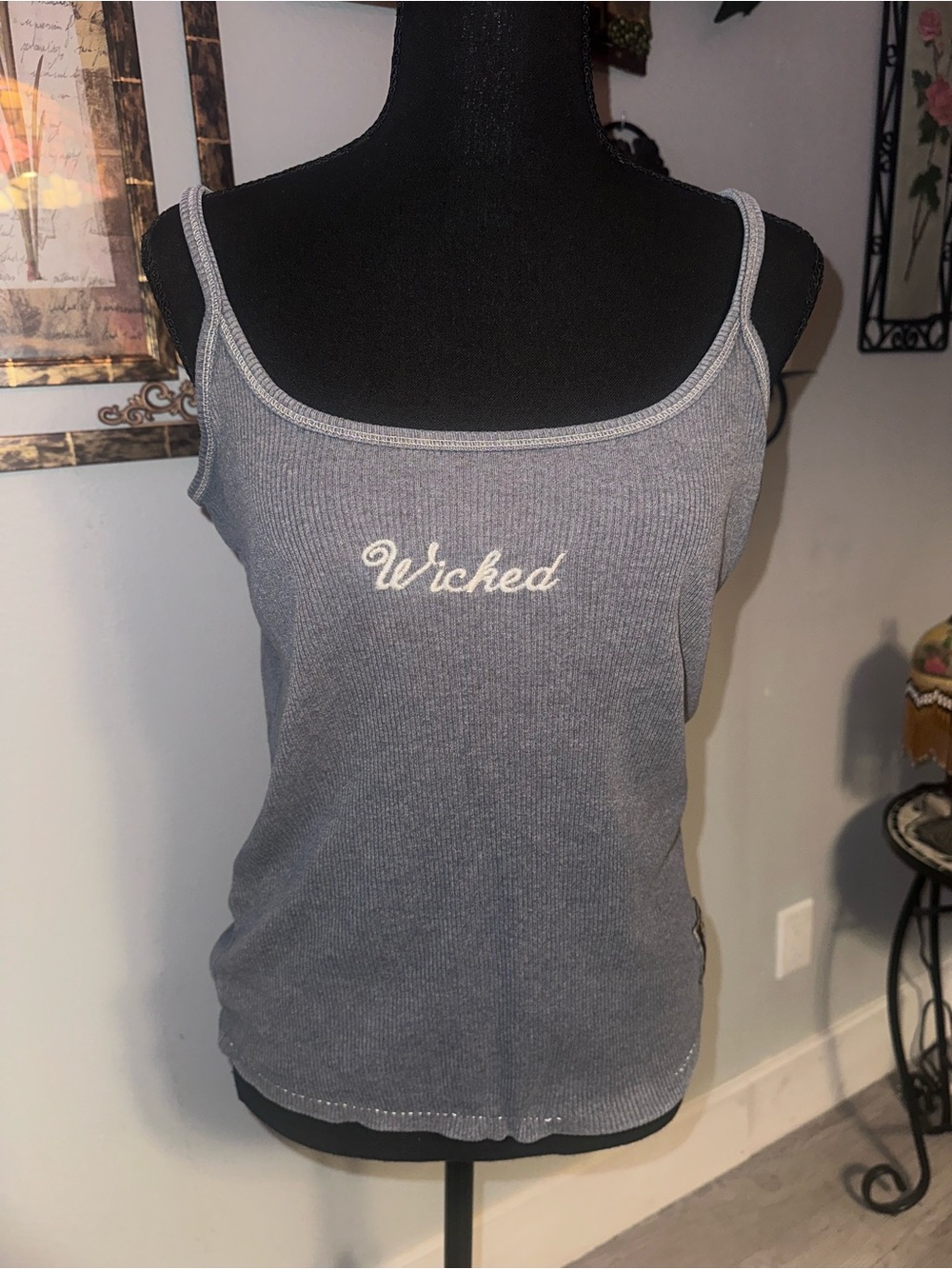 Vintage 90s Walt Disney World Wicked Embroidered Ribbed Tank Top - Gray, Sz S/M
